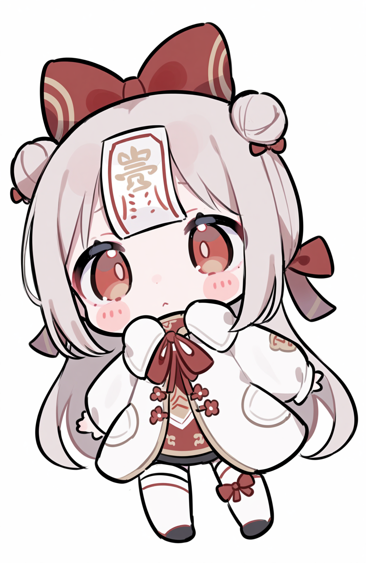 1girl,double bun,hair bun,white background,long hair,bow,hair bow,solo,long sleeves,ofuda,chibi,simple background,red bow,blush stickers,blush,coat,closed mouth,white coat,thighhighs,ribbon,white thighhighs,
<lora:Lovely-000036:0.6>,