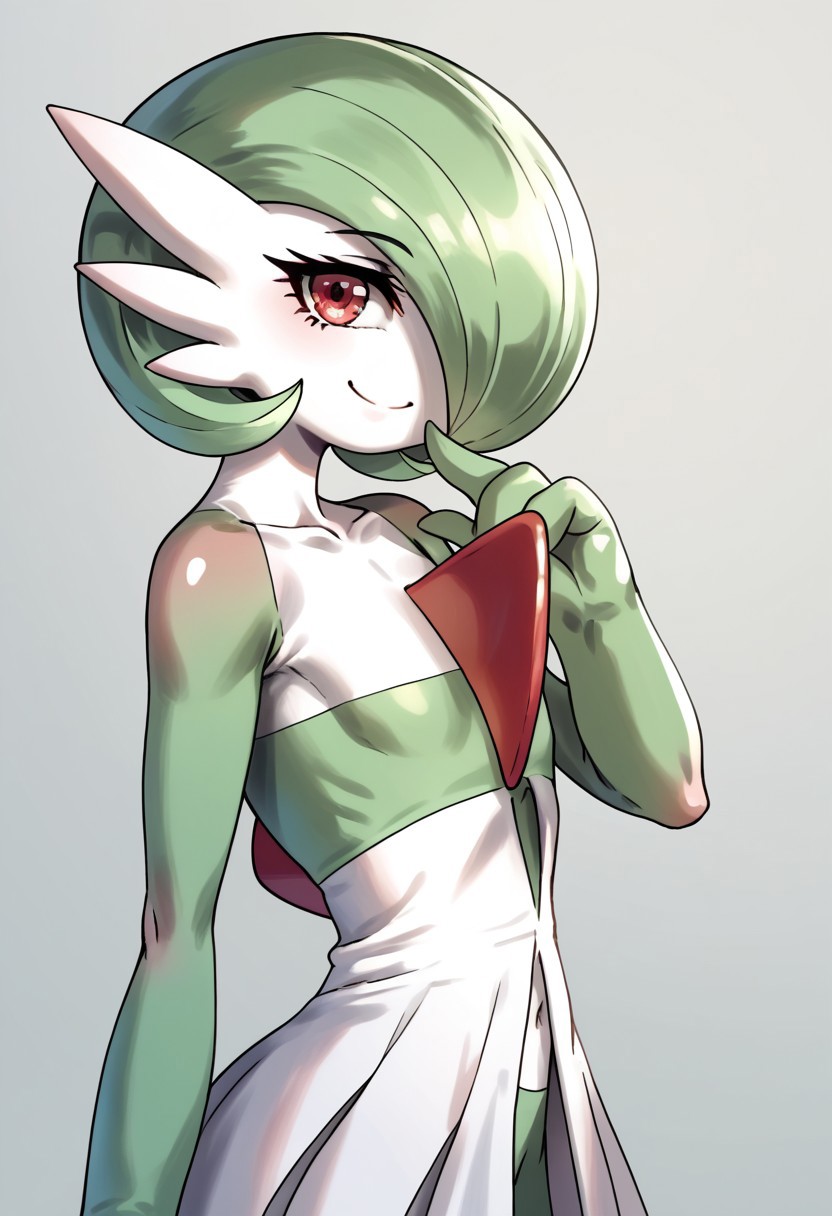 score_9, score_8_up, score_7_up, 1girl, arm_at_side,doublesleever style, bob_cut, closed_mouth, commentary_request, flat_chest, from_side, gardevoir, green_hair, green_skin, hair_over_one_eye, hand_to_own_mouth, hand_up, happy, looking_at_viewer, one_eye_covered, partial_commentary, pokemon_\(creature\), red_eyes, short_hair, smile, solo, standing, two-tone_skin, white_skin