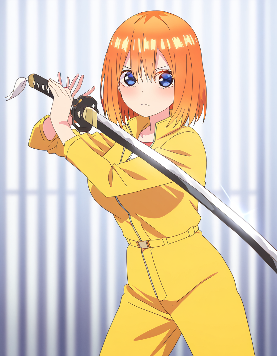 masterpiece, best quality, newest, absurdres, highres, safe,, <lora:yotsuba-nakano-honeymoon-ponyxl-lora-nochekaiser:1>, yotsuba nakano, blue eyes, hair between eyes, short hair, braid, orange hair, twin braids, large breasts, anime screencap, <lora:sword-guard-stance-illustriousxl-lora-nochekaiser:1>, sword guard stance, sword, weapon, solo, katana, holding, holding weapon, holding sword, looking at viewer, jumpsuit, yellow jumpsuit, high collar, cowboy shot, pants,, ,