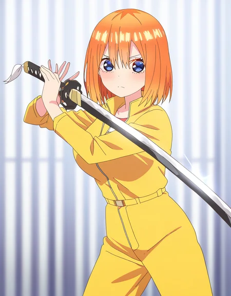 masterpiece, best quality, newest, absurdres, highres, safe,, <lora:yotsuba-nakano-honeymoon-ponyxl-lora-nochekaiser:1>, yotsuba nakano, blue eyes, hair between eyes, short hair, braid, orange hair, twin braids, large breasts, anime screencap, <lora:sword-guard-stance-illustriousxl-lora-nochekaiser:1>, sword guard stance, sword, weapon, solo, katana, holding, holding weapon, holding sword, looking at viewer, jumpsuit, yellow jumpsuit, high collar, cowboy shot, pants,, ,