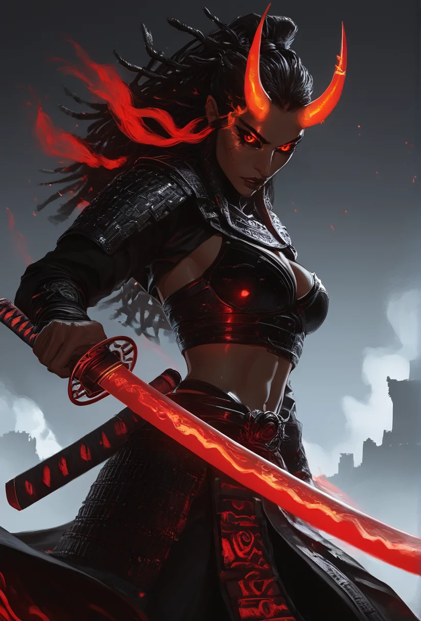 (score_9, score_8_up:1.1), score_7_up, 1girl , solo, dark skinned, oiled, sweaty, ((black dread locks, )) ((glowing red eyes, red sclera)), short black oni horns, thick devil tail, Slight build, well muscled, Egyptian Eye makeup, dark brown lips, long sharp nails, volumetric lighting, dynamic shadows, Egyptian jewelry, cleavage, midriff, ((Red Samurai Armor)), Katana, Egyptian setting, oasis in a desert, cowboy pose <lora:add-detail-xl:.5> <lora:officialpit_style_v11:.1><lora:Expressive_H:.75> <lora:incase-ilff-v3-4:.7> <lora:ElementalDragonSamuraiPony:1>