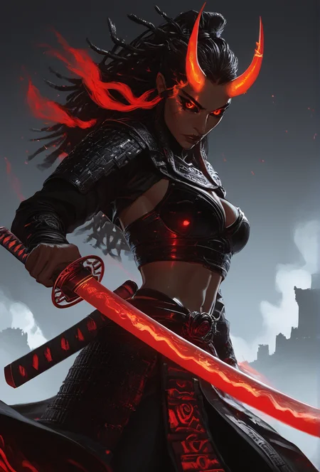 (score_9, score_8_up:1.1), score_7_up,  1girl ,  solo,  dark skinned,  oiled, sweaty, ((black dread locks, ))  ((glowing red eyes, red sclera)), short black oni horns,  thick devil tail,    Slight build, well muscled,   Egyptian Eye makeup,  dark brown lips,  long sharp nails,     volumetric lighting,  dynamic shadows,  Egyptian jewelry,  cleavage, midriff, ((Red Samurai Armor)),  Katana,  Egyptian setting,  oasis in a  desert,  cowboy pose   <lora:add-detail-xl:.5>  <lora:officialpit_style_v11:.1><lora:Expressive_H:.75> <lora:incase-ilff-v3-4:.7>   <lora:ElementalDragonSamuraiPony:1>