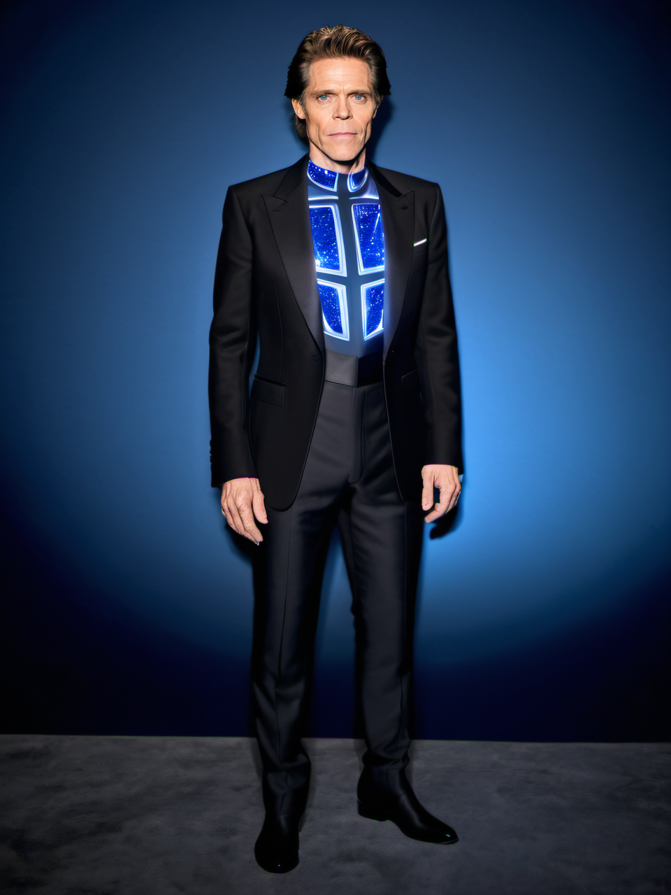 (realistic), (masterpiece),,  <lora:Automan_SDXL:1>Elegant Man, black hair, aut0man, automan,  elegant black jacket over glowing shirt, pants, (beautiful face, William Dafoe face),, solo, full body shot, hollywood gala, photocall,
