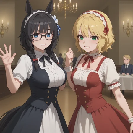 2girls, portrait, from front, looking at viewer, smile, dancing , waltz, chandelier, broque style, dance dress, long dress,
ADDCOMM
1girl,
ZennoRobRoy, horse girl, horse ears, horse tail, jitome, tareme, black hair, braid on bangs, hair flaps, sidelocks_on_ribbons, bangs, single braid, french braid, horizontal braid bangs, flower hair ornament, black boston glasses, (blue eyes), large breasts, covered ears, hair covering ears,
ADDCOL
1girl,
sakurai momoka, blonde hair, green eyes, bangs, short hair, wavy hair, small breasts,
<lora:sakuraimomoka_pony_v1_1:0.5> <lora:sdxl-um-zennorobroy:0.5> , <lora:hand 4:1> Hand, five fingers,