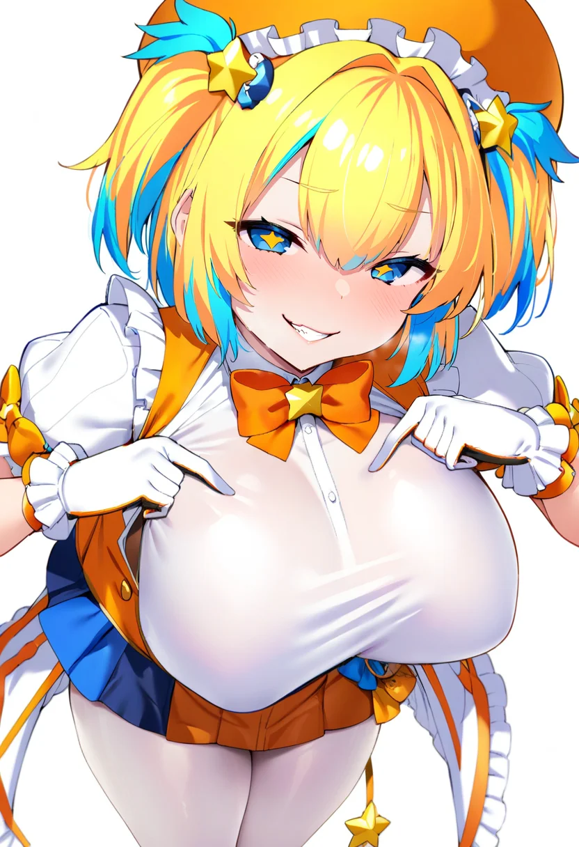 masterpiece, best quality,<lora:satoukuukiXL_ANI31_lokr_V42310:0.95> 1girl, breasts, solo, large breasts, blonde hair, yellow pupils, blue eyes, gloves, smile, white gloves, blush, looking at viewer, white background, hat, short hair, grin, simple background, blue hair, pantyhose, multicolored hair, orange headwear, bow, white pantyhose, +_+, orange bow, hair between eyes, two-tone hair, beret, skirt, club \(shape\), hair ornament, short sleeves, twintails, frills, bowtie, symbol-shaped pupils, hair intakes, two side up