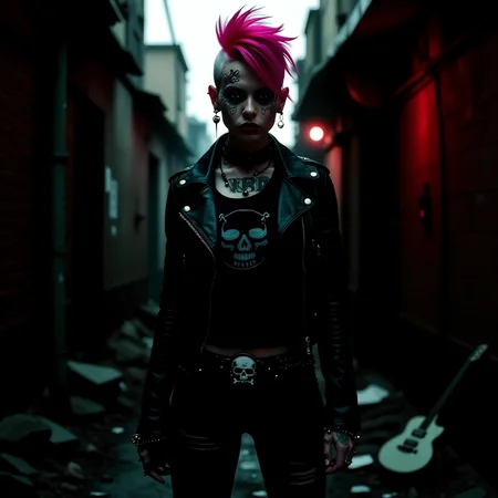 In a post-apocalyptic world, a young woman with a punk aesthetic standing in a gritty, post-apocalyptic alley. Shaved left sides and a mohawk styled on dyed a vibrant, magenta pink, face adorned with intricate, white skull and crossbones face paint. Wearing a black leather jacket with various patches and symbols, black ripped t-shirt, and black distressed and ripped jeans with black fishnet underneath, multiple piercings, leather belt with decorative skull, black combat-style boots with chains and spikes. Lean-muscular physique and medium natural looking breasts, numerous intricate tattoos on her arms. Background with dystopian landscape, broken buildings, rusty pipes, abandoned guitar leaning against a wall, dim, neon-lit glow, atmosphere of rebellion and urban decay, hint of a cyberpunk vibe. <lora:postApocalypse_v1:0.4> <lora:flux/aidmaImageUpgrader-FLUX-V0.2>, aidmaimageupgrader, <lora:flux/aeshteticv2>, aesthetic_pose, <lora:Magic of Art 2 (FLUX)>, Cinematic style, Beauty, Realism, Photorealism, Chiaroscuro, High quality, <lora:OBæ«æ¥åºå>, obtaozhuang,