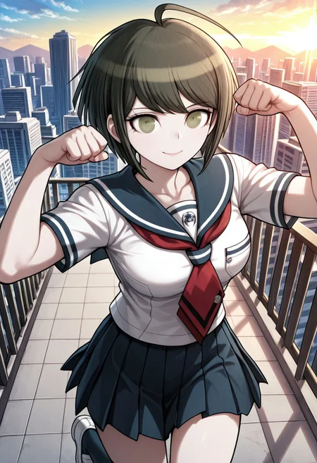 score_9, score_8_up, score_7_up, score_6_up, high resolution, gorgeous, absurdres, best quality, anime screencap, source_anime, official art, 1girl, Komaru Naegi, brown hair, short hair, ahoge, green eyes, large breasts, serafuku, white shirt, blue sailor collar, red necktie, blue skirt, pleated skirt, short sleeves, black kneesocks, white shoes, smile, confident, outdoors, city, daylight, cute pose, solo