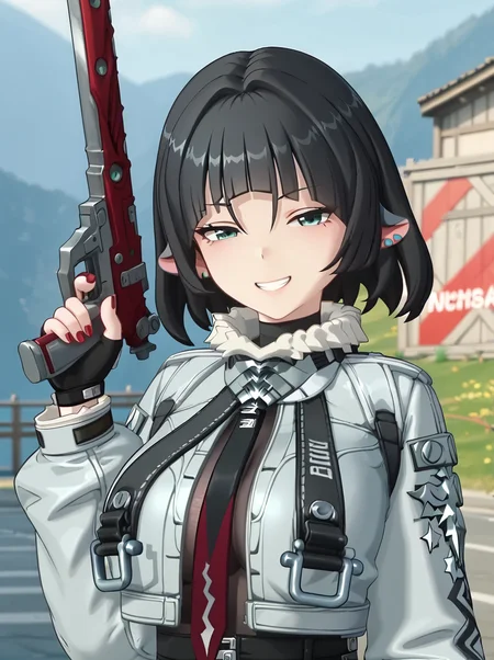 detailed background,
<lora:zzzjane.pony:1>
zzzjane,
large breasts,
half-closed eyes, holding weapon, grin,
outdoor,