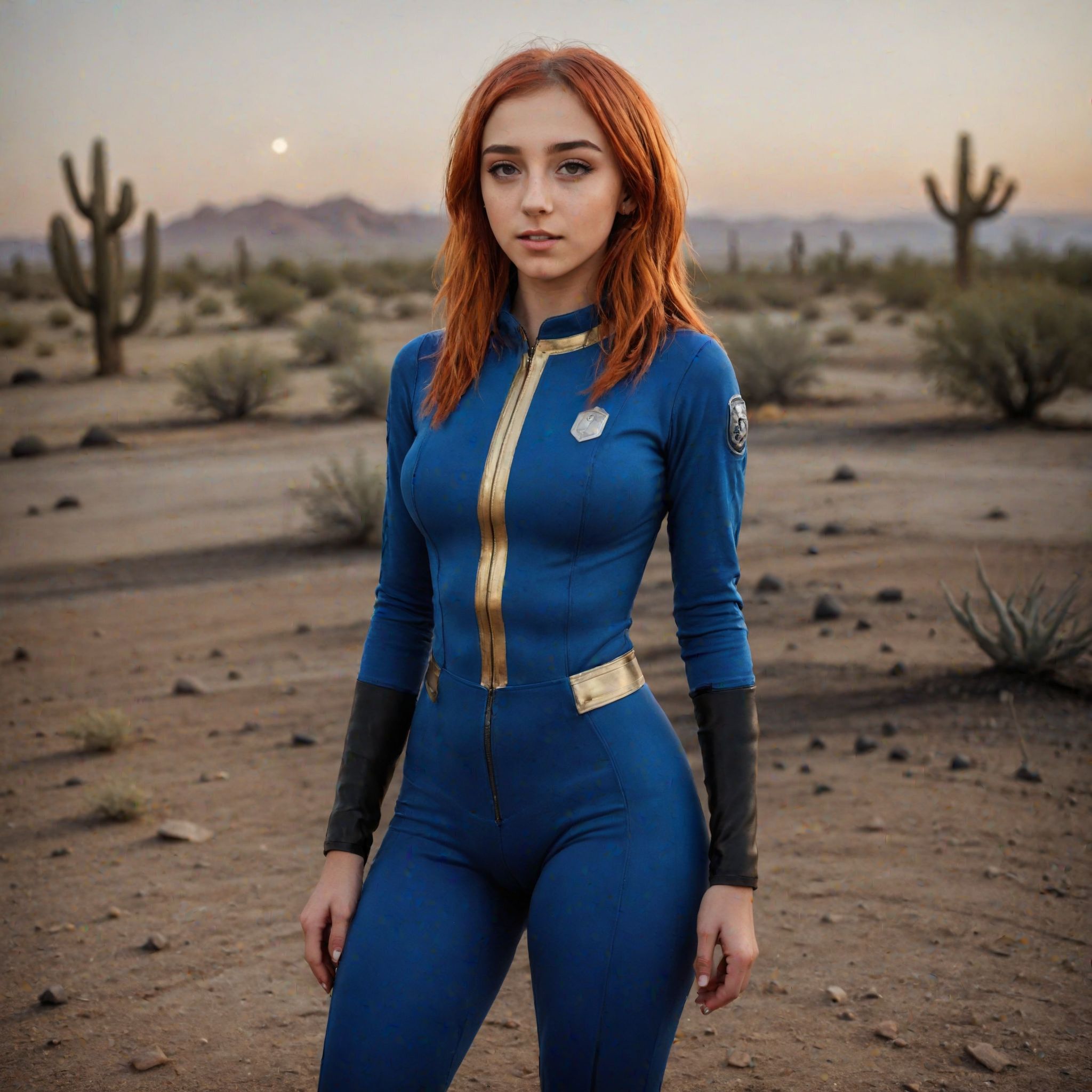 A full body photograph of a 20 year old rainbow hair girl wearing a Vault Suit in a desert wasteland <lora:Fallout_Vault_Suit-000008:0.6> <lora:Perfect Hands v2:0.75> Perfect Hands, perfect face
