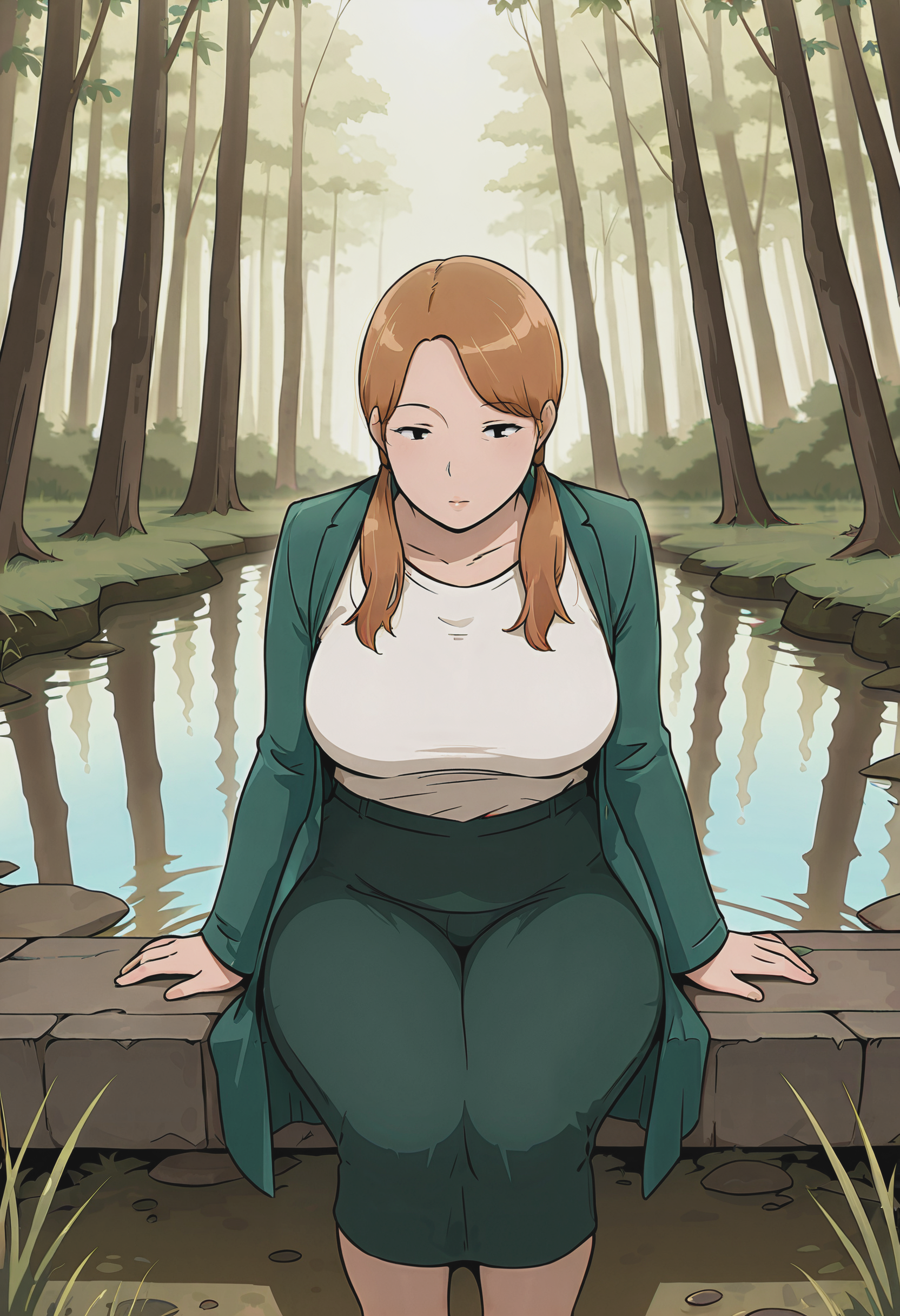 masterpiece,best quality,amazing quality, 1girl, large_breasts, mature_female, solo, open_eyes, Sitting with legs tucked under, vanishing_point, Emerald Coat, very long hair, pigtails, Ginger hair, wetland, very_wide_shot, <lora:Illustrous\leeoekaki_IL:1.0>