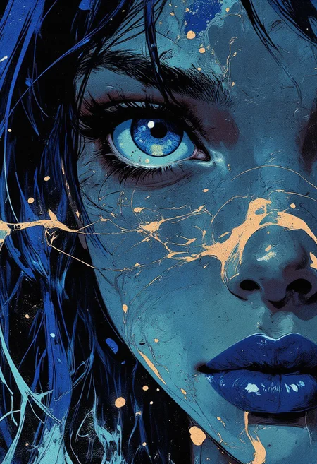 in the style of cksc,, This digital painting is an intense, atmospheric portrait bathed in deep sapphire-blue tones with streaks of shimmering silver. The extreme close-up focuses on a single, mesmerizing ice-blue eye, its crystalline details refracting light like frozen glass, framed by thick, dark lashes casting delicate shadows. The surrounding skin is painted in fluid, velvety strokes of midnight blue and cool gray, creating a celestial texture that feels almost weightless. The lips, full and slightly parted, are a deep indigo with a glossy sheen, revealing a faint glimpse of pearl-white teeth. Wisps of silver-blue hair sweep across the face, blending effortlessly with the skin, their delicate strands catching the light like liquid metal. There is no distinct background—only the seamless fusion of colors and abstract, swirling textures that dissolve into the edges of the frame, making the face feel as though it exists in an endless dreamscape. The surreal and immersive style enhances the subject’s mystery and depth, with the artist’s signature subtly integrated into the flowing composition.
