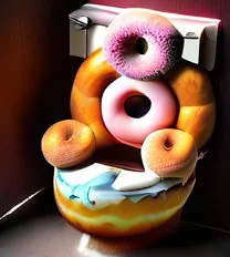d0nu71f13d, a photorealistic image of a cat made of doughnuts sitting on a toilet made of doughnuts, cinematic lighting, absurdres, donuts, vibrant colours,