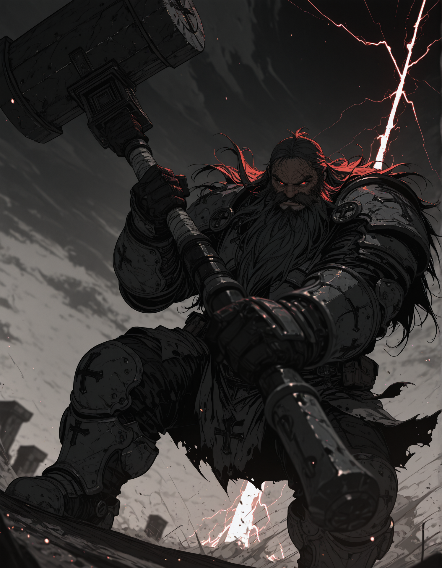 masterpiece, best quality,high quality, newest, highres,8K,HDR,absurdres, 1boy, dwarf, long beard, old, armored, serious, solo, in a forge, holding a hammer, storm, lightning aura, limited palette, intense expression, dynamic pose, dramatic lighting, strong depth of field, wind-blown hair, torn fabric, gritty realism, cinematic shot, dutch angle, foreshortening, blurred background, dust particles., detailed background, dynamic pose, dynamic composition,dutch angle, detailed backgroud,foreshortening,blurry edges, <lora:iLLMythSmo0thL1nes:1> Smo0thL1nes