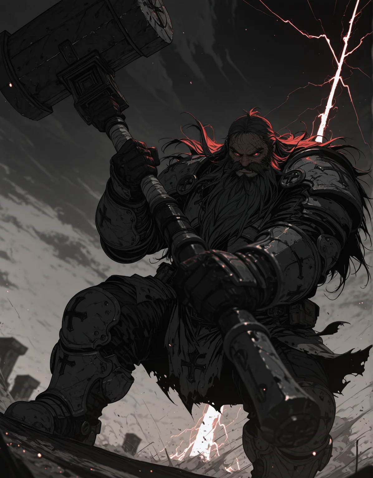 masterpiece, best quality,high quality, newest, highres,8K,HDR,absurdres, 1boy, dwarf, long beard, old, armored, serious, solo, in a forge, holding a hammer, storm, lightning aura, limited palette, intense expression, dynamic pose, dramatic lighting, strong depth of field, wind-blown hair, torn fabric, gritty realism, cinematic shot, dutch angle, foreshortening, blurred background, dust particles., detailed background, dynamic pose, dynamic composition,dutch angle, detailed backgroud,foreshortening,blurry edges, <lora:iLLMythSmo0thL1nes:1> Smo0thL1nes