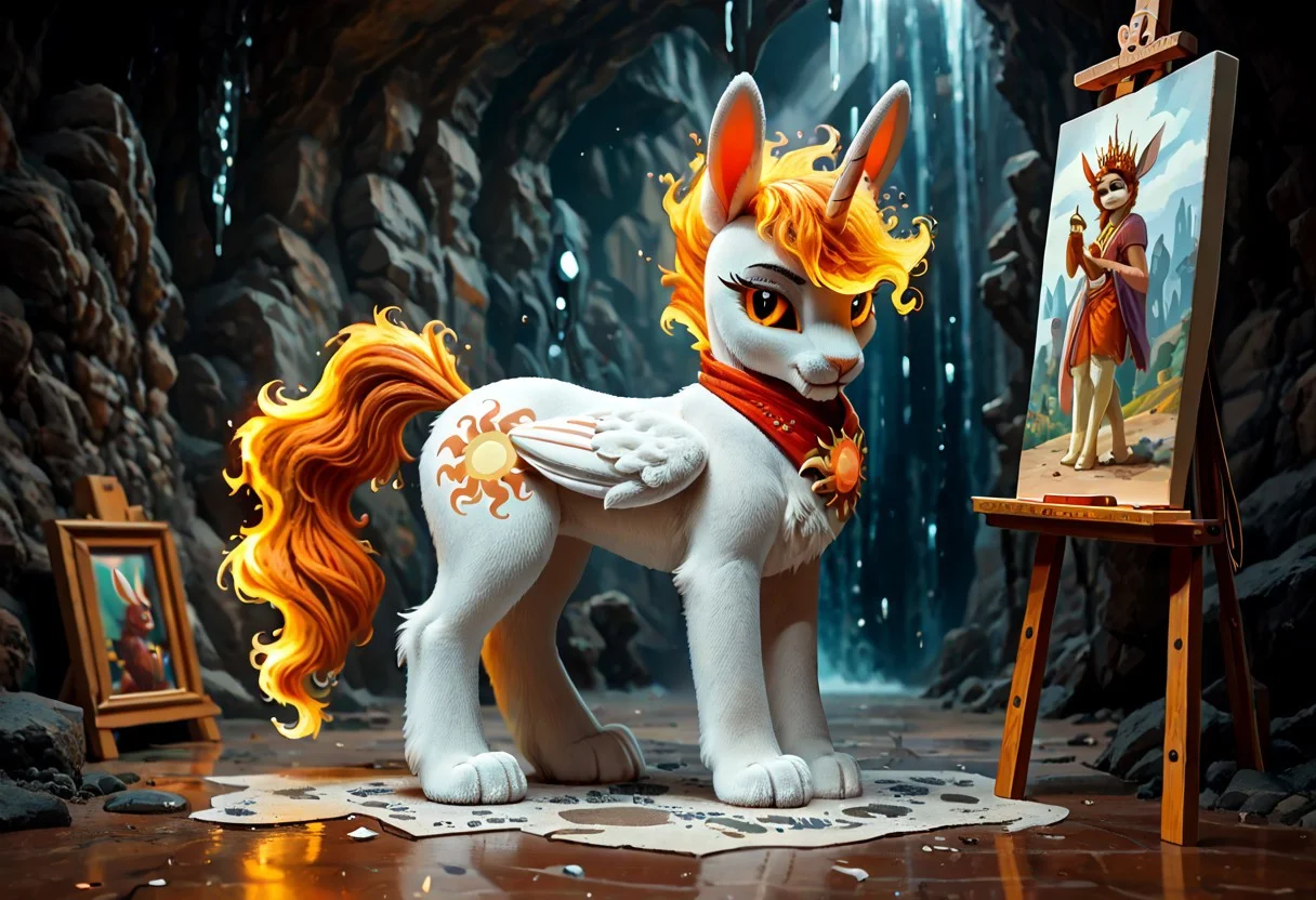 score_9, score_8_up, score_7_up, score_6_up, score_5_up, score_4_up, The dark side of Celestia, Daybreaker, alicorn pony, g5, rich colors, crystal castle, Crystal Empire, crystal heart in the center of the square, presents a painting of rabbits and pony, aroused, front view, detailed background, pony, solo, detailed, 8k quality, side view, beautiful, teasing, easel and brushes, leaned to the floor, free actions, masterpiece, best quality, break, (rabbit boy, buster_b, furry), break, (rabbit girl, babs_b, furry),