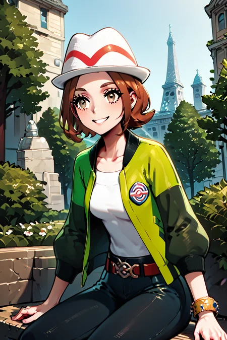 score_9, score_8_up, score_8, medium breasts, (curvy), cute, eyelashes, ,,, zzMC, brown eyes, brown hair, short hair, medium hair, white headwear, green jacket, long sleeves, open jacket, white shirt, collarbone, pants, bracelet, belt buckle, ,<lora:ProtagonistFPokemonZA_PDXL_v3:1.0>, ,,, BREAK, zzEiffelTower in background, sitting, watercraft, boat, sitting on wall, side view, looking at viewer, smile, ,,, BREAK, blooming stars, luminescent petals, otherworldly fragrance blurry background, ,,, embedding:zPDXL, Expressiveh, ,,, <lora:EiffelTowerPDXL:0.8>, <lora:CatalystStylePDXL:0.6>, <lora:SDXLFaeTastic2400:0.5>, <lora:Expressive_H-000001:0.4>,