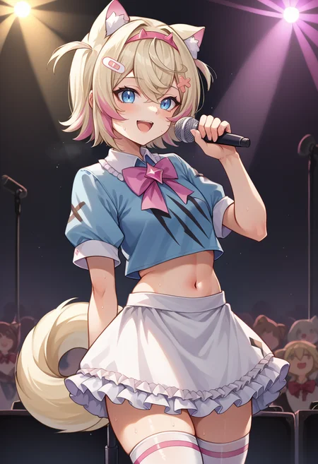 score_9, score_8_up, source_anime, 1girl, solo, MococoAbyssgard, short hair, streaked hair, hairband, hairclip, tail, idol, idol uniform, bowtie, skirt, brooch, dress, concert, on stage, frilled skirt, jewelry, blue shirt, short sleeves, midriff, thighhighs, microphone, holding microphone, stage lights, happy, sweat, <lora:ChamMococoAbyssgardPonyXL:1>