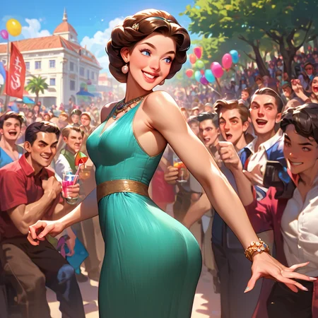 score_9,score_8_up,score_7_up, from behind, 1girl, 1boy, slender, (medium breasts, small ass:0.6), full lips, flirting, smile, action pose, crowd, men, cocktail party , Fortuny dress, (jade:celadon) <lora:Fortuny_Pony-_Panache:0.8> fabric texture, perfect face, jewelry, female focus