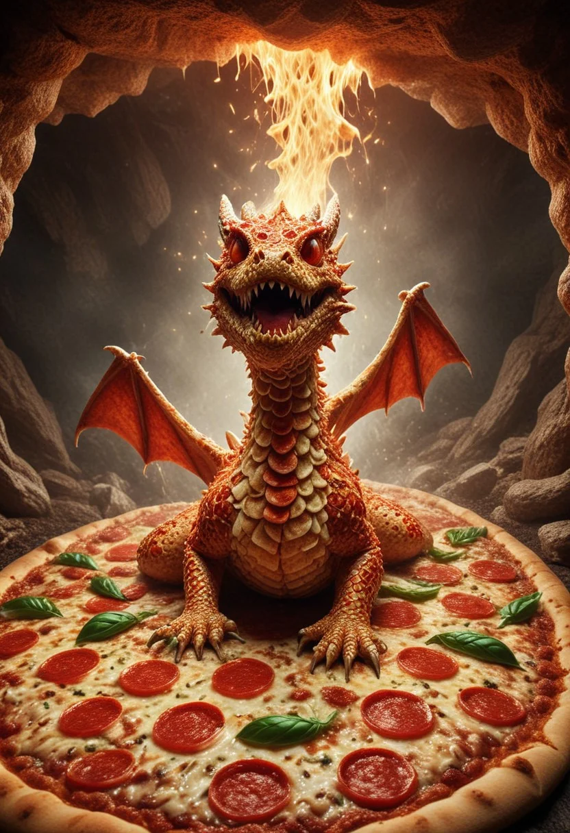 Fearsome dragon, photographic, absurd realism, low-angle view, pepperoni pizza cave, basil leaf scales, white, red, and green color scheme, treasure hoard of pizza, breathing fire, glittering red scales, depth of field, dramatic lighting, intense atmosphere, epic scale, pizzasdx
Low angle, soft diffused lighting, in the style of David Lachapelle