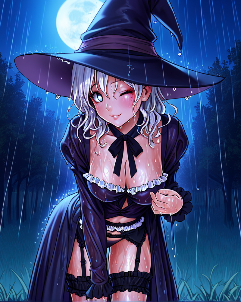 <lora:yamashita_shunya_style_FORPONY:1>(score_9,score_8_up,score_7_up,score_6_up,score_5_up,score_4_up), 1girl, legs, thighhighs, freckles, face perfect, thick, breasts, lips, looking down, parted lips, hands, gloves, boots, stockings, field, grass,  wavy hair, white eyes, empty eyes, pretty eyes, long dress, frills, night, moon, trees, wink, highres, shy, night, moon, frilled dress, garter strap, garter belt, garters, open dress, (rain), (wet), medium breasts, smirk, (leaning forward), cleavage, suggestive, suggestive smile, suggestive pose,  witch, , thick