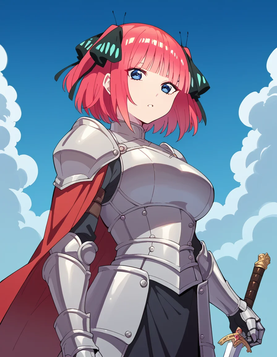 score_9, score_8_up, score_7_up, source_anime, <lora:nnakano-s2-ponyxl-lora-nochekaiser:1>, short hair, bangs, blue eyes, hair ornament, hair ribbon, pink hair, blunt bangs, two side up, butterfly hair ornament, large breasts,, <lora:knight-ponyxl-lora-nochekaiser:1>, knight, armor, cape, sword, weapon, holding weapon, shoulder armor, gauntlets, helmet, pauldrons, red cape,, blue sky, clouds, from below, parted lips, looking at viewer