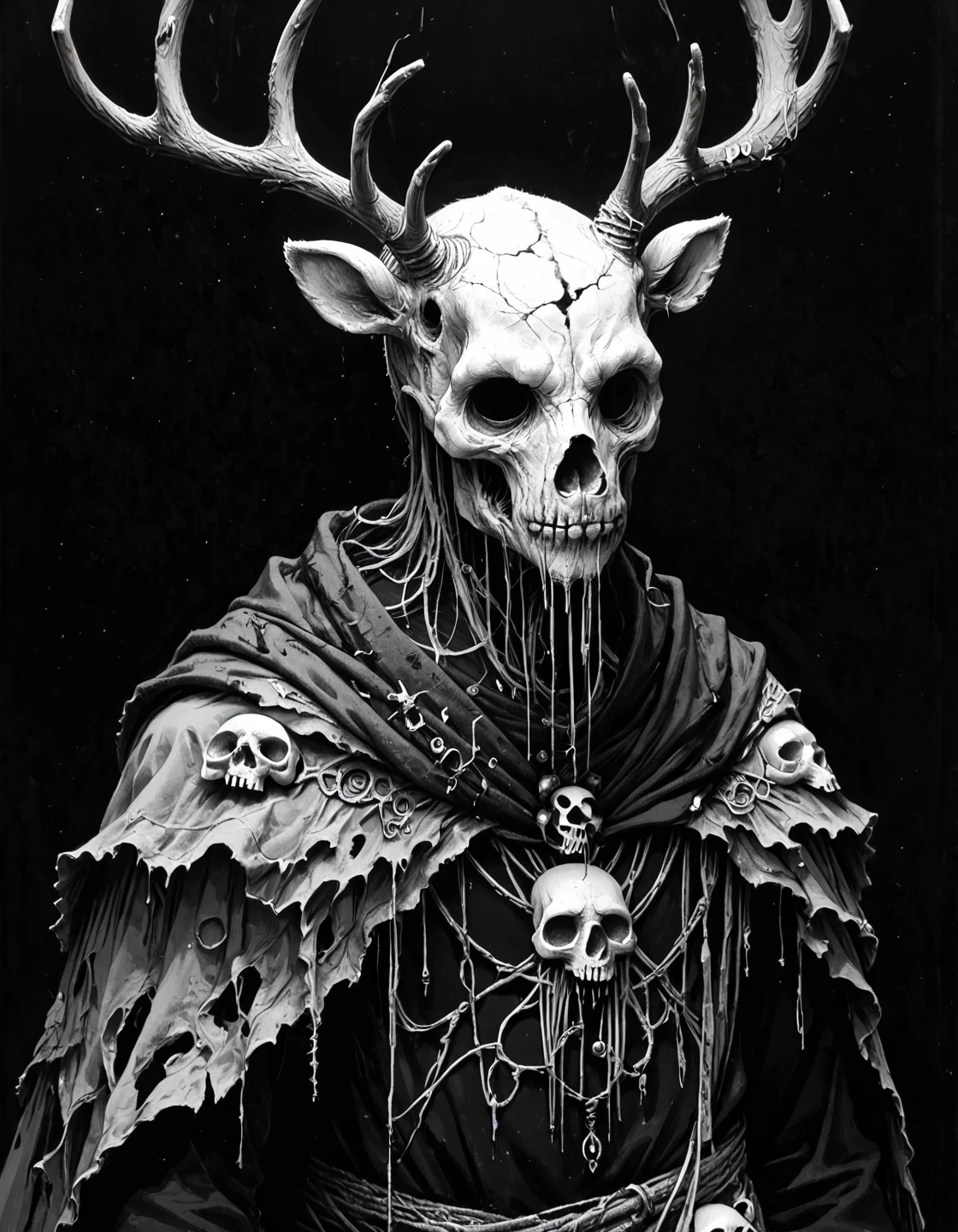 score_9, score_8_up, score_7_up, mm-style, monochrome, black background,(eldritch abomination,deer man ), antlers, tattered clothing, skull mask,horror, dark fantasy, upper body portrait, <lora:Monochrome_Monsters_Pony:0.8>