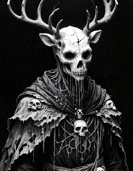 score_9, score_8_up, score_7_up, mm-style, monochrome, black background,(eldritch abomination,deer man ), antlers, tattered clothing, skull mask,horror, dark fantasy, upper body portrait, <lora:Monochrome_Monsters_Pony:0.8>