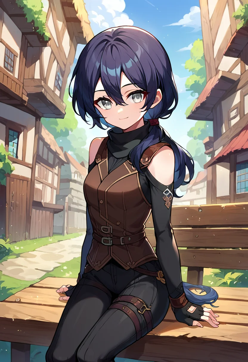 score_9,score_8_up,score_7_up,source_anime,zPDXL3,fantasy,town,wooden bench,sitting,
*//*,<lora:Adventurer_Archer_Pony:1>,pathfinder_new,1girl,solo,black hair,long hair,low ponytail,grey eyes,hair between eyes,long sleeves,black bodysuit,shoulder cutout,black pants,fingerless gloves,black gloves,black vest,
*//*,looking at viewer,cowboy shot,dutch angle,light smile,