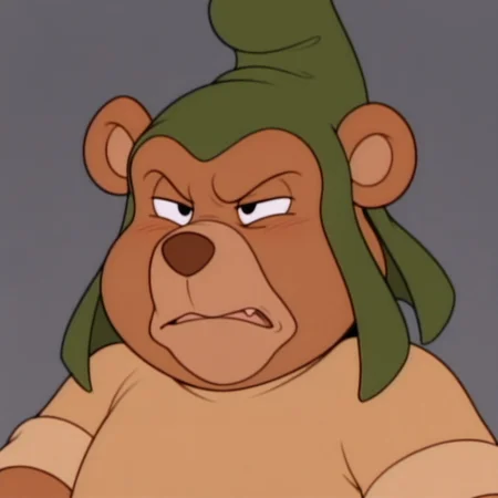 masterpiece, best quality, amazing quality, gruffi, male, furry male, anthro, solo, bear, brown fur, black eyes, tan muzzle, brown nose, paw pads, short, green hat, brown shirt, brown belt, disgusted, close up, portrait, grey background