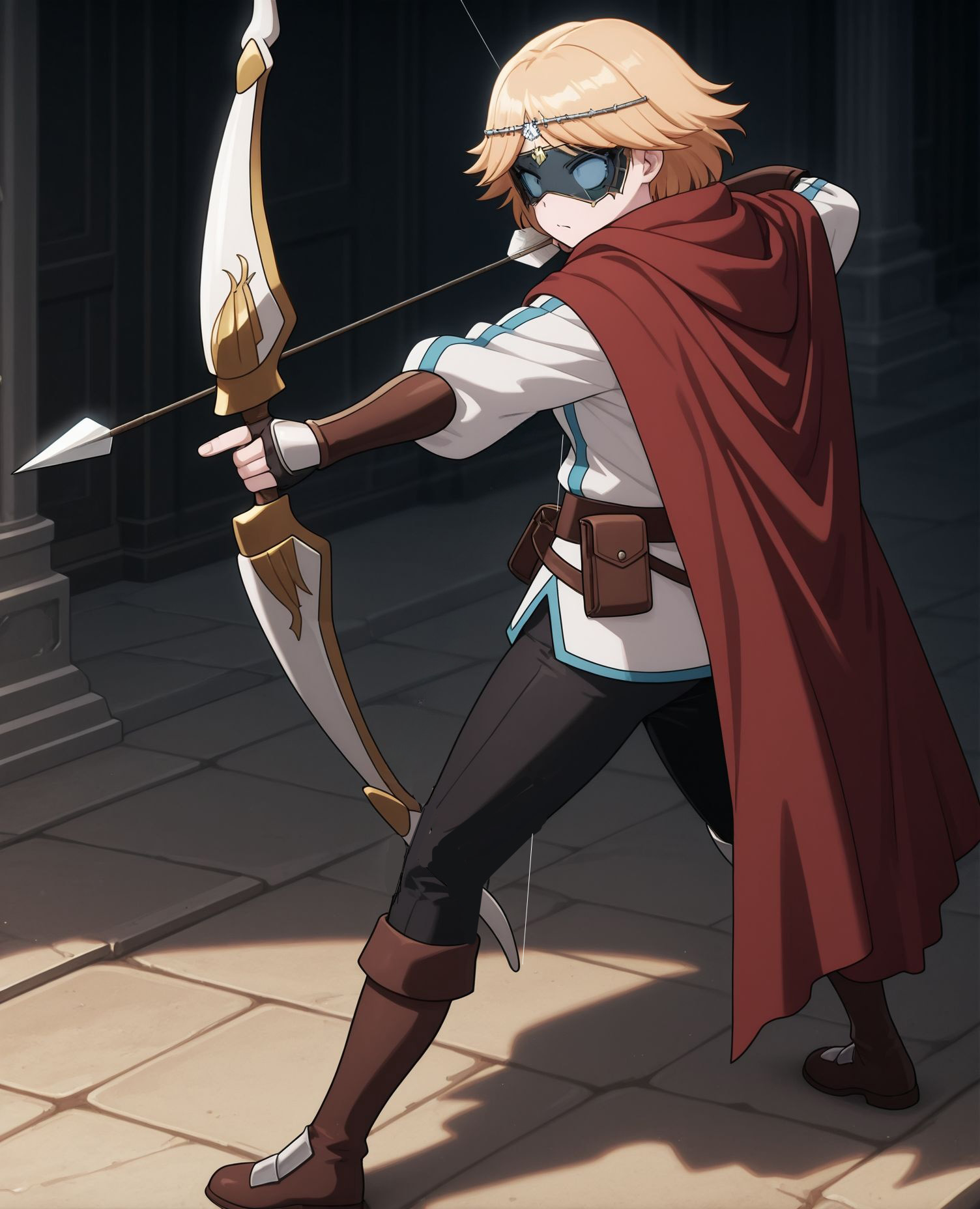 masterpiece,best quality,amazing quality,very aesthetic,absurdres,newest, huge filesize,
<lora:spo_sdxl_10ep_4k-data_lora_webui:0.5>,
<lora:add-detail-xl:1> anime screencap,  overlord,official art, 
BREAK
<lora:overlord_The_Sacred_Kingdom_V2:1>overlord_V2,
kyudo-aiming,aiming,arrow (projectile),bow (weapon),drawing bow,holding arrow,holding bow (weapon),  huge bow,
full body, from side, looking to the side, 
Metallic hair loops in forehead,
1girl,solo,
blonde hair,black pants ,knee boots, belt,bag, 
red cape,full body,human female,
short hair,boots,standing,
black pants,white shirt,
cloak,
see-through eye mask ,
Ornamental forehead band,
1girl ,o_neia,