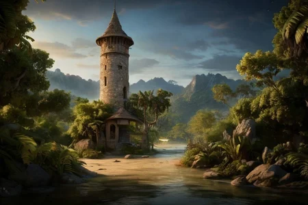 realistic analog photo, award winning photo, vary wide shot of stone witow tower:1.3, (Military watchtower), beach, dirt road, nature, outdoors, RAW, highres, 8k, uhd, High Dynamic Range, tonemapping, crisp details, no humans, palm tree, plant, rock, scenery, shore, sky, summer, sunlight, tree
