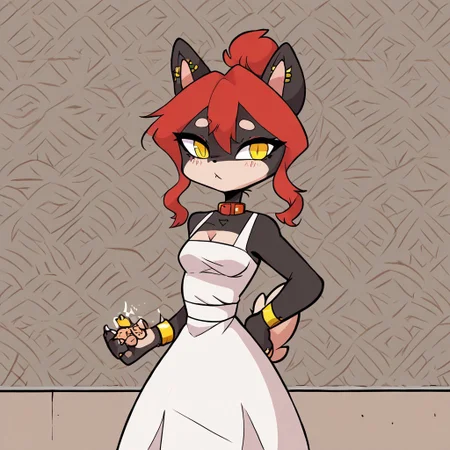 masterpiece, high quality, perfect, 2d art, 1girl, anthro dog, furry, female, adult, black fur, red hair, 4 fingers in hand, white fur hands, dog ears, tail white dress, bracelet, yellow eyes, indoors, alone, detailed fur, small breasts