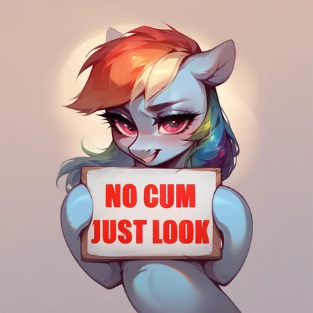 (score_9, score_8_up, score_7_up, score_6_up, score_5_up, score_4_up), (rating_questionable:1.3), feral, female, (pony:1.2), rainbow dash, <lora:No_cum_table_Pony:1>, no_cum_sign, text "no cum just look" <lora:Smooth Style 2 SDXL_LoRA_Pony Diffusion V6 XL:0.8>