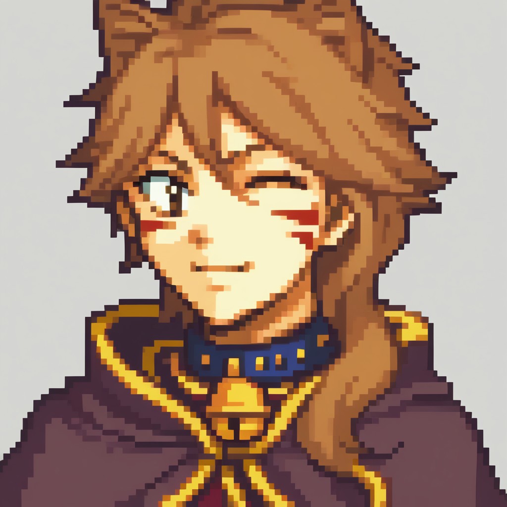 score_9, score_8_up, score_7_up, score_6_up, score_5_up, score_4_up, fegbaportraits, portrait, white background, millianna, brown hair, facial mark, whisker markings, cat ears, cape, collar, bell, pixel art, looking at viewet, :3, wink