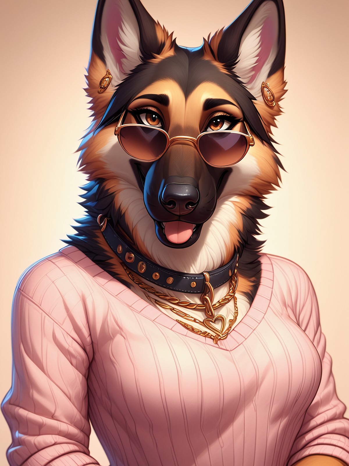 score_9,score_8,source_furry,
<1girl:1.5>,
<solo:1.5>,
german_shepard_anthro, gsd_anthro, dog girl, bing IC, 1girl, furry, solo, furry female, tongue, jewelry, sweater, tongue out, animal ears, snout, holding, sunglasses, pink sweater, chain, earrings, collar, necklace, animal nose, upper body, teeth, gradient background, orange fur, gold chain, gradient, looking at viewer, fox ears, long sleeves, chain necklace, brown eyes, brown fur, simple background, smile, body fur, artist name,
<lora:German_Shepard_Anthro_Pony_SDXL:1> german_shepard_anthro