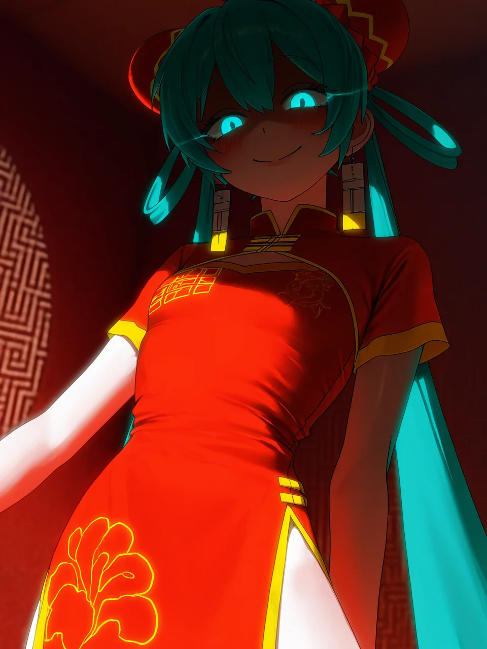 best quality, highres, masterpiece, very awa, newest, 2024, indoors, realistic,
1girl, solo, chinamiku, hatsune miku, chinese clothes, blush, red dress, smile, side slit, shaded face, glowing eyes,
<lora:odochina:.6>
<lora:Au_(D_Elete)-ill-Fandingo:1>
