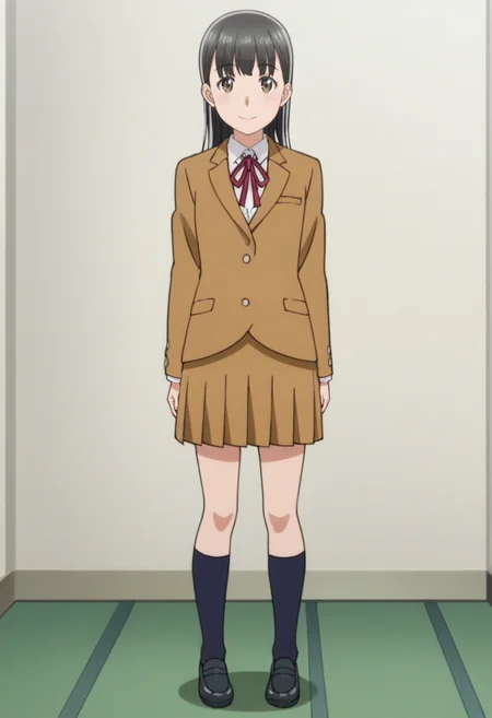 source_anime,anime screencap, anime coloring,intricate details,rating_safe, masterpiece, best quality,
(best quality, absurd res, ultra detailed),,(4 finger:0.5),1girl, ((solo)), good eyes,perfect eyes,,detailed eyes, zPDXLxxx , zPDXL3, ,detailed, detailed face
BREAK
solo,indoors,class background,standing,front view,smile,full body,
hitomi, black hair, long hair, brown eyes, school uniform, jacket, skirt, ribbon, blazer,
, <lora:add-detail-xl:2>  <lora:Hitomi:0.8>