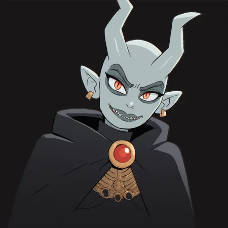 Score_9, score_8_up, score_7_up, score_6_up, anime, 1 woman, sharp teeth, horns, earrings, colored skin, red robes, cape, red pupil, pointy ears, bald, jewelry, TheProphetessVale, demonic meeting room, cartoon, drawing, 2d, very tall, curvy body, black background, no background, (closed mouth)