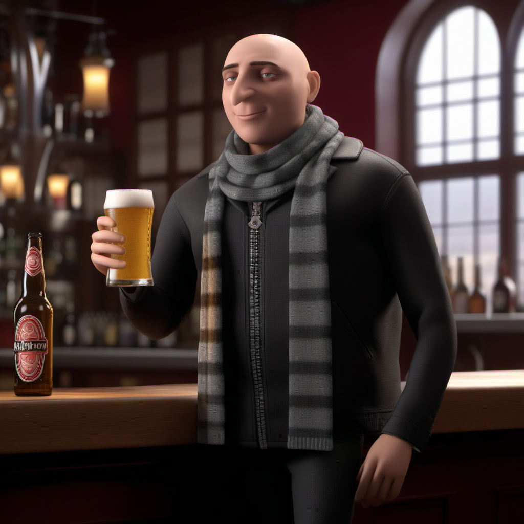 professional 3d model a full body portrait bald man, scarf, having a beer in a pub  <lora:Gru1024:0.8> . octane render, highly detailed, volumetric, dramatic lighting