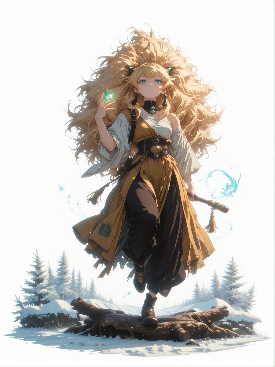 (white background, sssplash, full body:1.2),  1girl, solo focus, monk, mature, Taru, tassel earrings, (hair tubes:1.3), (big hair:1.3), blonde hair, emerald eyes, detailed eyes, looking at viewer, hadanugi dousa, wide pants, kesa, monk shoes, single bare shoulder, black strap, standing on log, one leg up, one hand up, open palm, holding log, log on shoulder, dynamic pose,  snow, sidelighting, 
