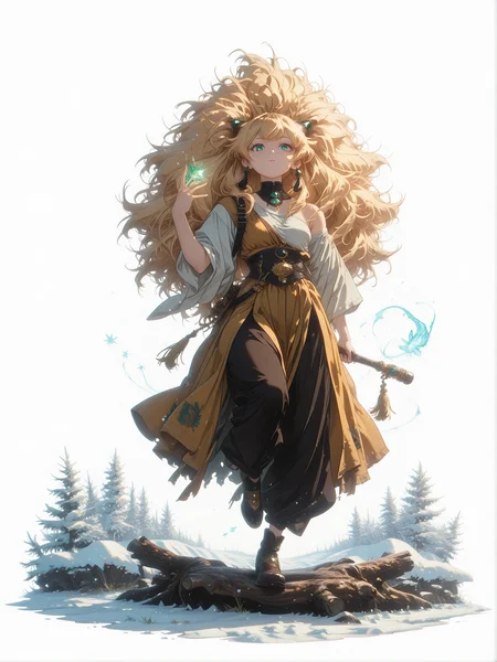 (white background, sssplash, full body:1.2),  1girl, solo focus, monk, mature, Taru, tassel earrings, (hair tubes:1.3), (big hair:1.3), blonde hair, emerald eyes, detailed eyes, looking at viewer, hadanugi dousa, wide pants, kesa, monk shoes, single bare shoulder, black strap, standing on log, one leg up, one hand up, open palm, holding log, log on shoulder, dynamic pose,  snow, sidelighting, 