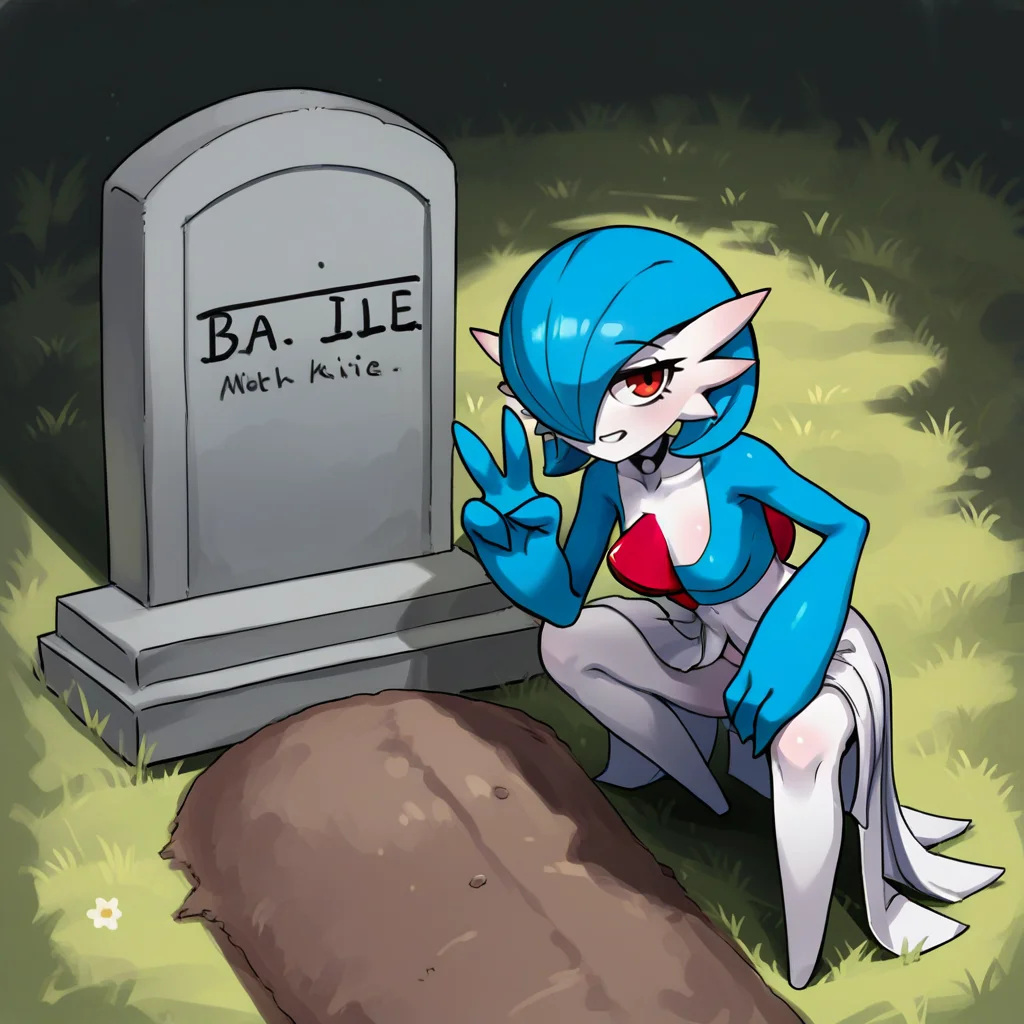 score_9, score_8_up, score_7_up, score_6_up, score_5_up, score_4_up, zPDXL2,source_anime,rating_questionable, Gardevoir_\(Pokemon\) , peace sign, <lora:Oliver_Queens_Grave_Meme:0.8> oll13gr4v3, grass, squatting, tombstone