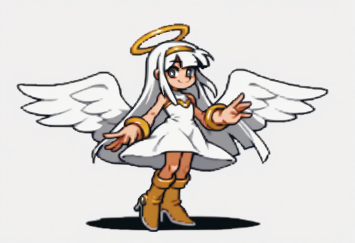 score_9, score_8_up, score_7_up BREAK RollMvC, 1girl, white hair, blunt bangs, gold headband, white eyes, full body, angel girl, tall, skinny, smile, looking at viewer, angel outfit, angel dress, white gold high-heeled boots, angel wings, gold halo, solo, solo focus, heaven background,