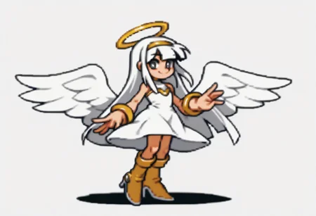 score_9, score_8_up, score_7_up BREAK RollMvC, 1girl, white hair, blunt bangs, gold headband, white eyes, full body, angel girl, tall, skinny, smile, looking at viewer, angel outfit, angel dress, white gold high-heeled boots, angel wings, gold halo, solo, solo focus, heaven background,