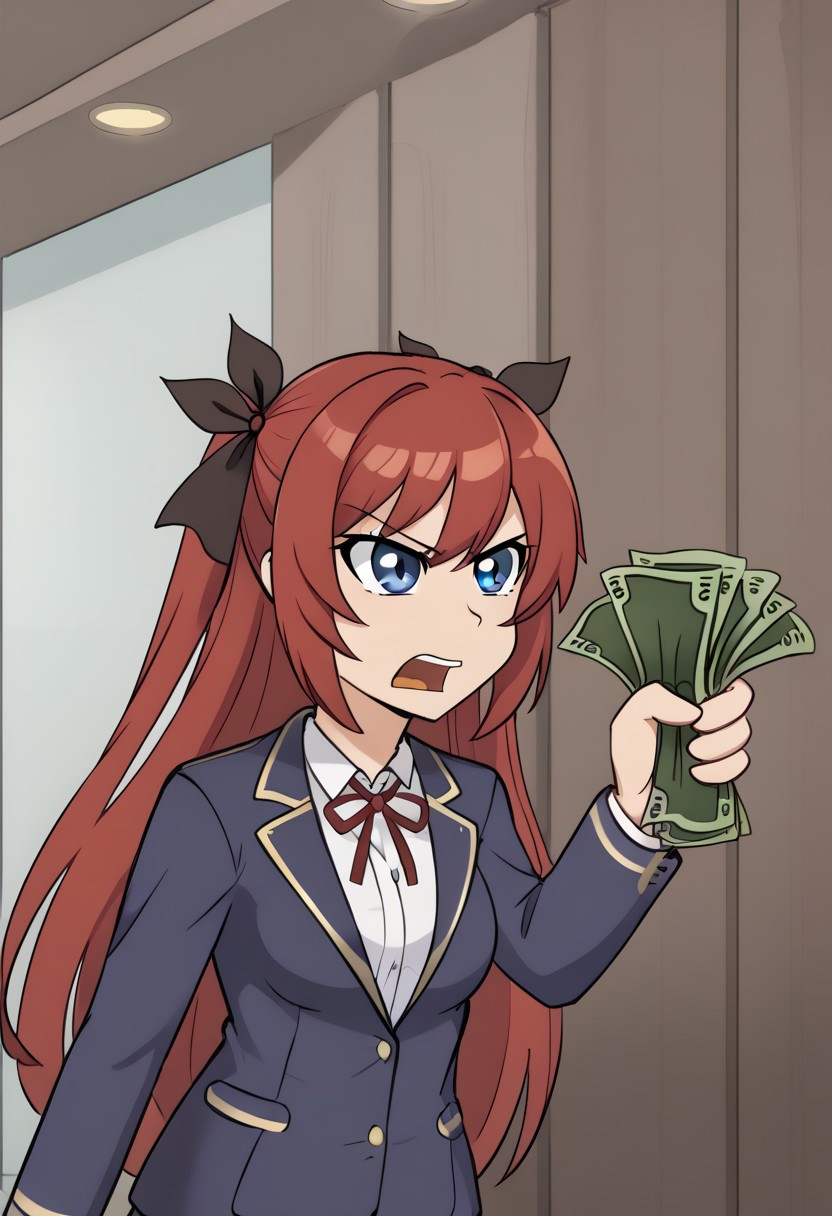 <lora:tenkujikarenpony:1>,
1girl, solo, tenkujikaren, long hair, red hair, hair ribbon, blue eyes, blazer, shirt, long sleeves, school uniform, standing, corridor, serious, stern, open mouth, sutm, hand up, open mouth, holding object, money