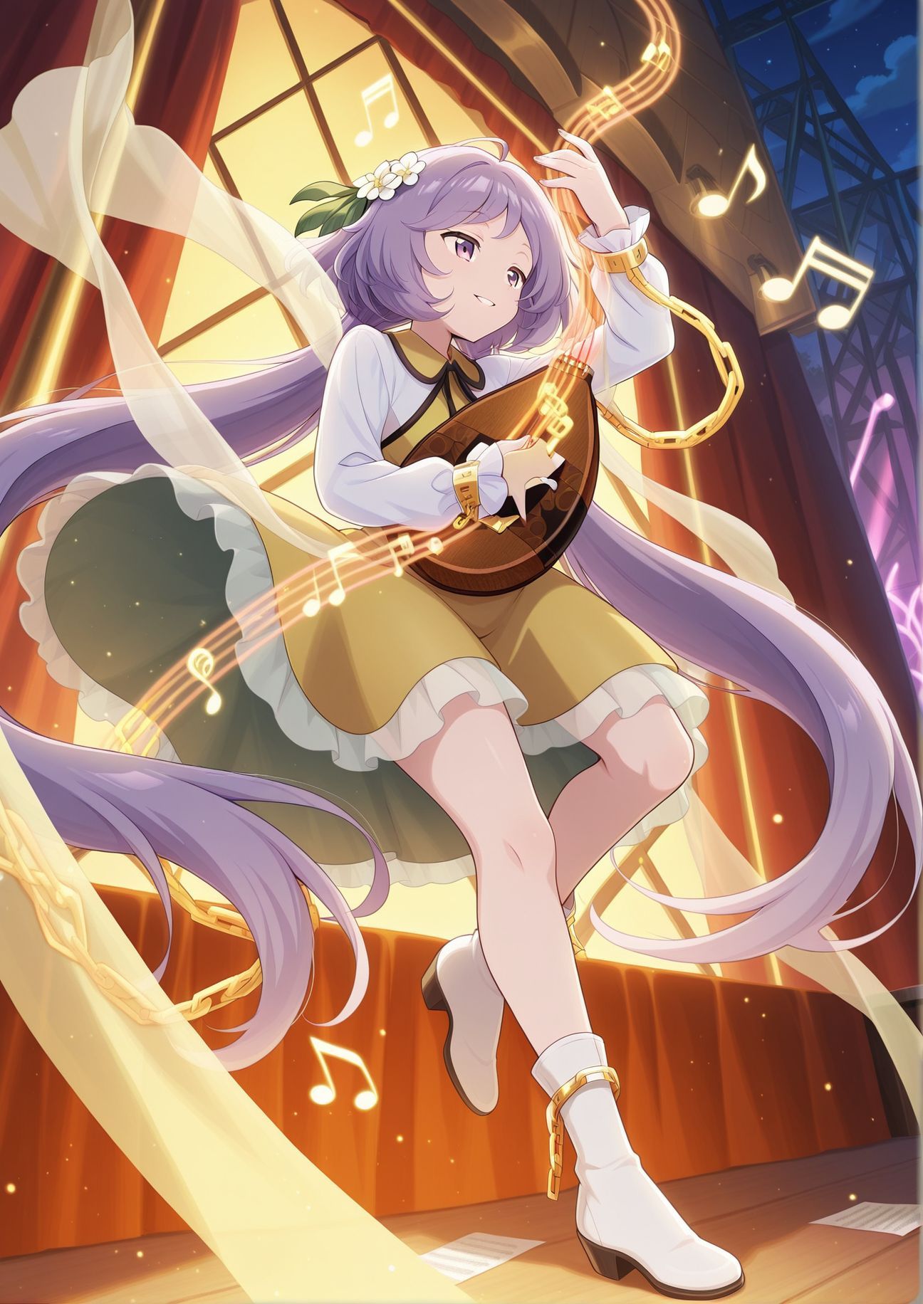 absurdres, highres, masterpiece, best quality, amazing quality, official anime artwork, screencap, anime screencap, night, notes, music, floating hair, parted lips, smile, dynamic pose, 
<lora:Tsukumo-Benben_Illustrious:1> tsukumo benben, 1girl, solo, purple eyes, purple hair, long hair, twintails, ahoge,, hair flower, white flower, yellow dress, frilled dress, long sleeves, biwa lute, playing, music, stage,