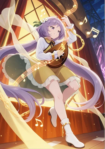 absurdres, highres, masterpiece, best quality, amazing quality, official anime artwork, screencap, anime screencap, night, notes, music, floating hair, parted lips, smile, dynamic pose,
<lora:Tsukumo-Benben_Illustrious:1> tsukumo benben, 1girl, solo, purple eyes, purple hair, long hair, twintails, ahoge,, hair flower, white flower, yellow dress, frilled dress, long sleeves, biwa lute, playing, music, stage,