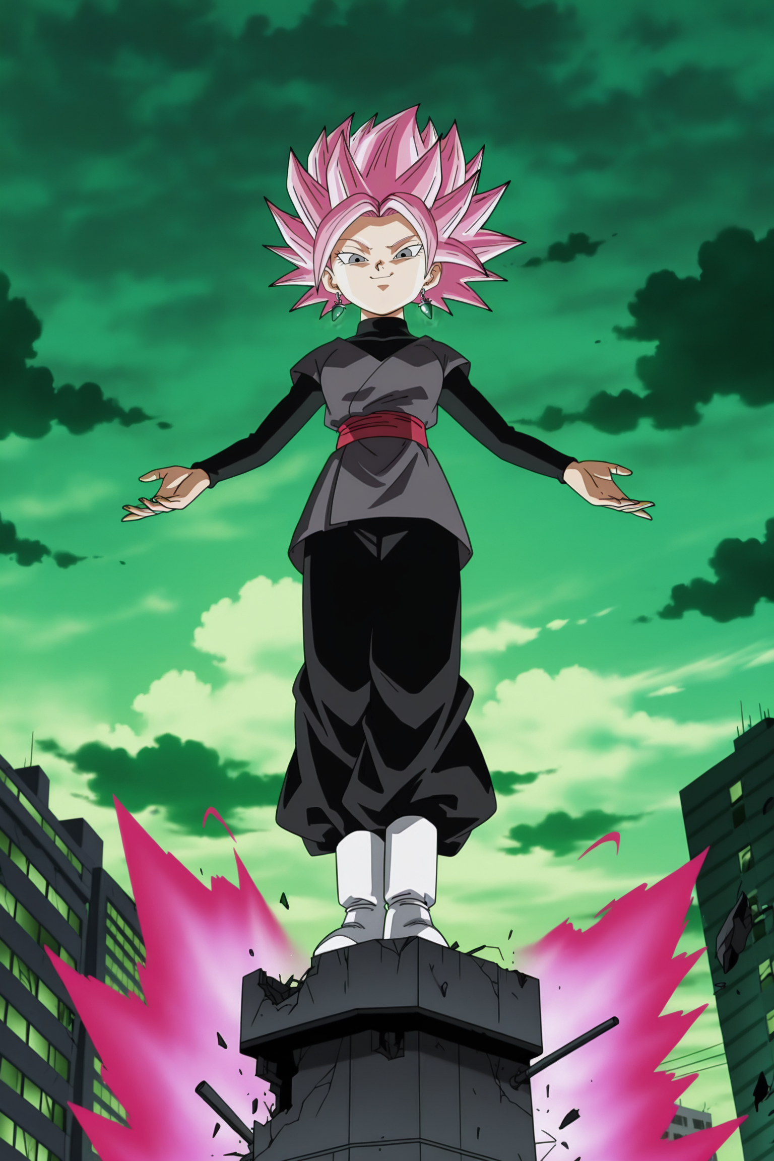 anime screencap, absurdres, high quality, 
caulifla, super saiyan rose, goku black costume, official style, 1girl, solo, looking at viewer, smile, rose aura, pink hair, cloudy sky, closed mouth, eyelashes, full body, grey eyes, destroyed building, grey dougi, turtleneck, black undershirt, long sleeves, red sash, black pants, puffy pants, white footwear, boots, spiked hair, outstretched arms, midair, legs together, looking at another, potara earrings, evil smile
from below, standing on object, motor vehicle, green sky, destruction, road
 <lora:Caulifla_iL:0.8>