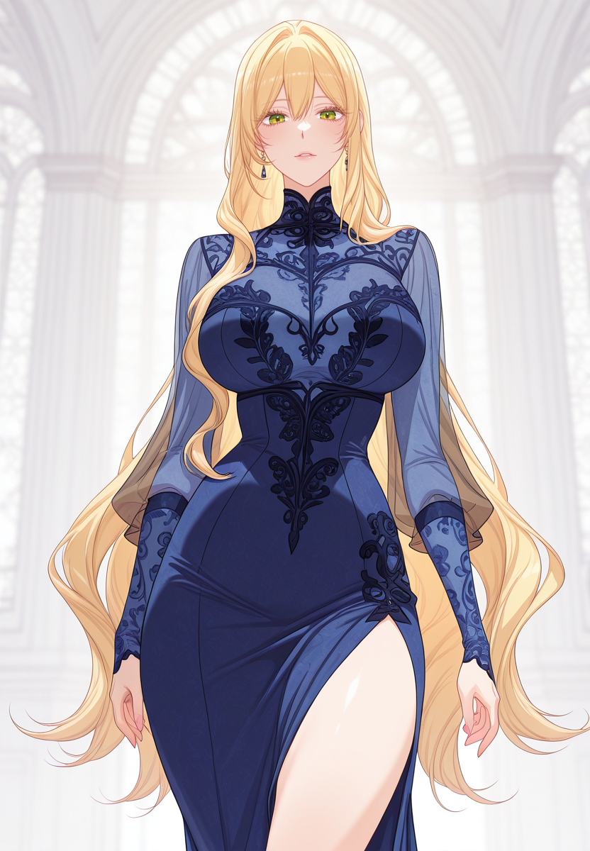zPDXL3, score_9_up, score_8_up, score_7_up, ,Masterpiece,(perfect female body:1.2), small waist, (incredibly detailed:1.4), beautiful fingers, (large breasts:1.4)  thighs, looking at viewer, huge breasts, looking at viewer, <lora:Aria_Roscente_-_The_Villainess_Reverses_the_Hourglass-Kaleid_Illustrious:1>aria roscente, 1girl, green eyes, blonde hair, very long hair, hair between eyes, eyelashes, dress, blue dress, long dress