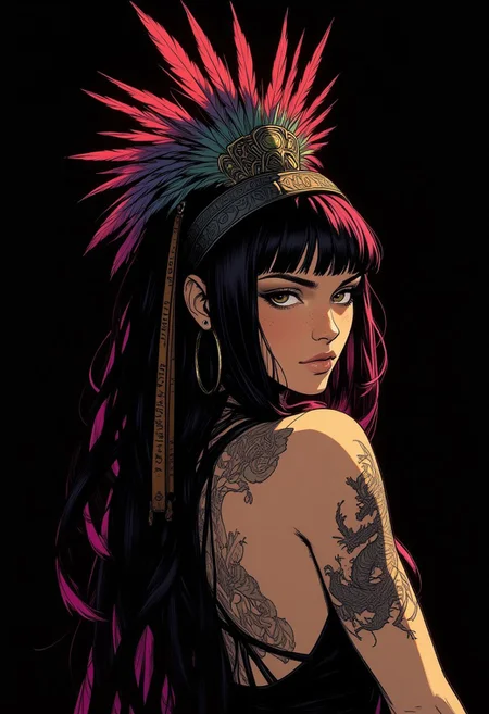 ultra realistic, masterpiece, high detailed skin, best quality, high res, very aesthetic, best quality, good quality, very aesthetic, 8K, focused subject, 1girl, solo, hoop earrings, black hair, exotic hair, (hair ornament:1.4), detailed headdress, exotic headdress, glowing hair, feather, dreadlocks, (shaman), long hair, back tattoo, looking at viewer, from side, blunt bangs, upper body, arm tattoo, dragon tattoo, eastern dragon, shoulder tattoo, bare shoulders, long hair, brown eyes, yakuza, cuddling with eastern dragon, black background